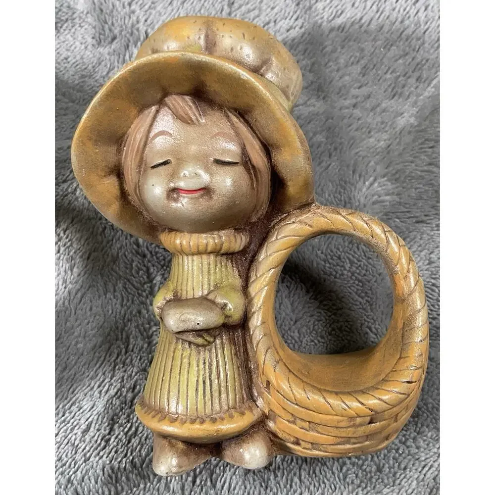 Vintage Ceramic Boy(6) & Girl(4) Napkin Rings Set Of 10 Green Brown Farmhouse